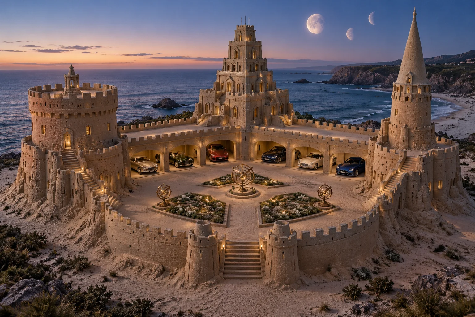 A sandcastle with three distinct towers, lunar gardens, parked cars and exactly three moons in a quiet sky.