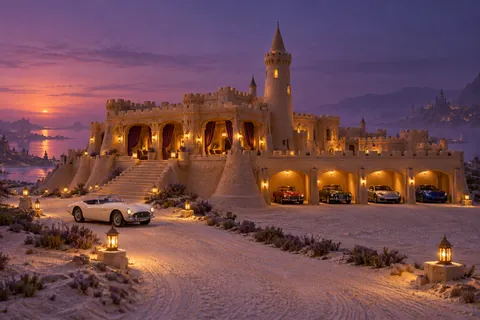 A pale sandcastle manor with a slender tower, dark porch curtains and cars in softly lit garages at violet twilight.