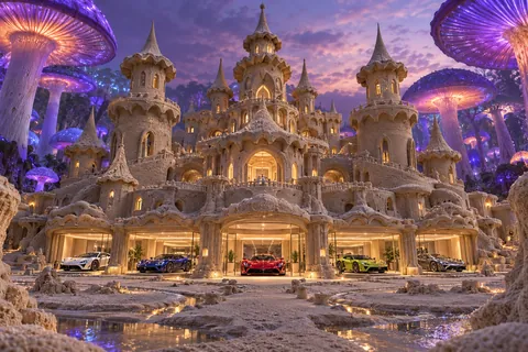 Château Mycelune, a sculpted sandcastle on Violet Mycelium, with realistic show cars in its motor court.