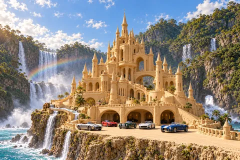 Château Brumeclaire, a sculpted sandcastle on Viridian Falls, with realistic show cars in its motor court.