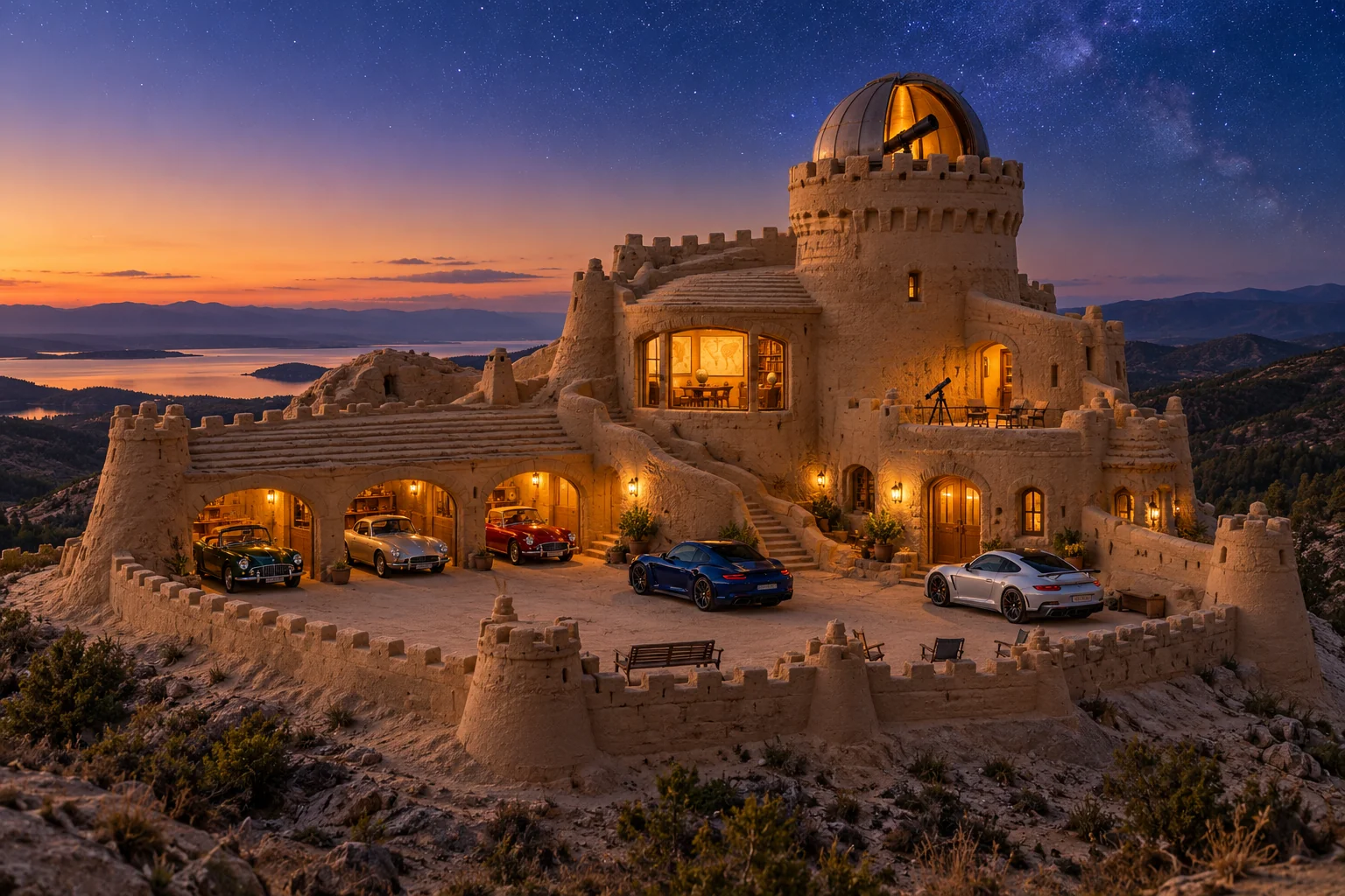 A welcoming sandcastle observatory with guest wings, warm windows and several cars in a sheltered courtyard.