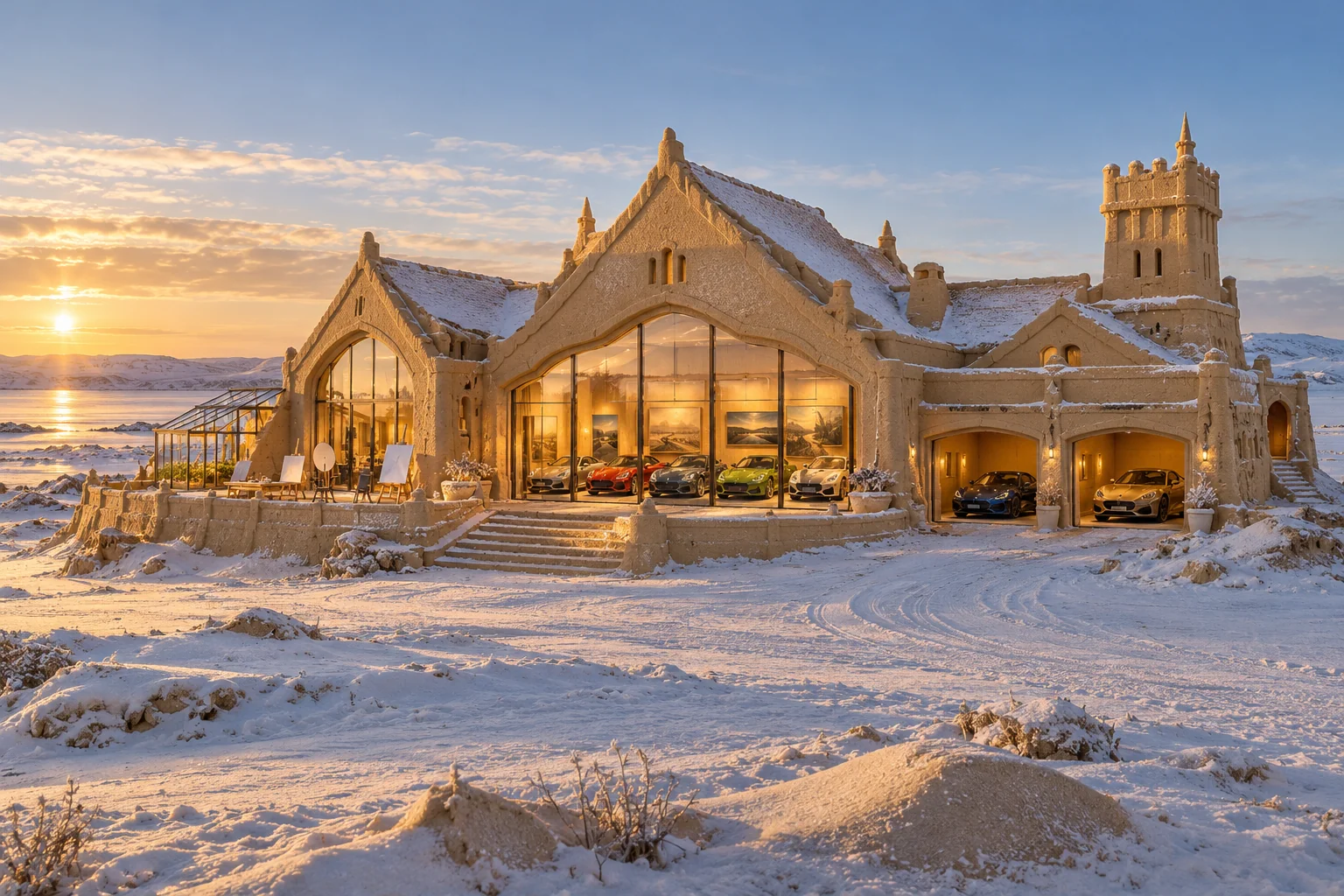 Low sandcastle with a sun-facing glass motor salon and show cars in a nearly monochrome winter landscape.