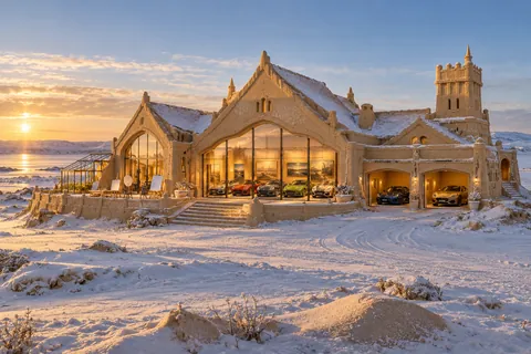 Low sandcastle with a sun-facing glass motor salon and show cars in a nearly monochrome winter landscape.
