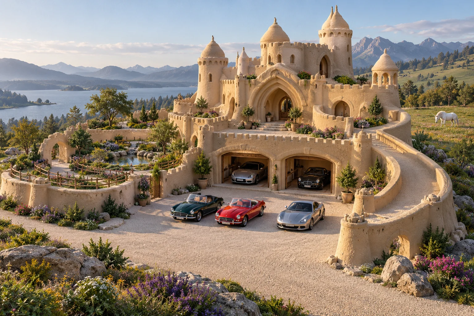 A low organic sandcastle with garden ramps, cars in a meadow court and a distant gentle white unicorn.