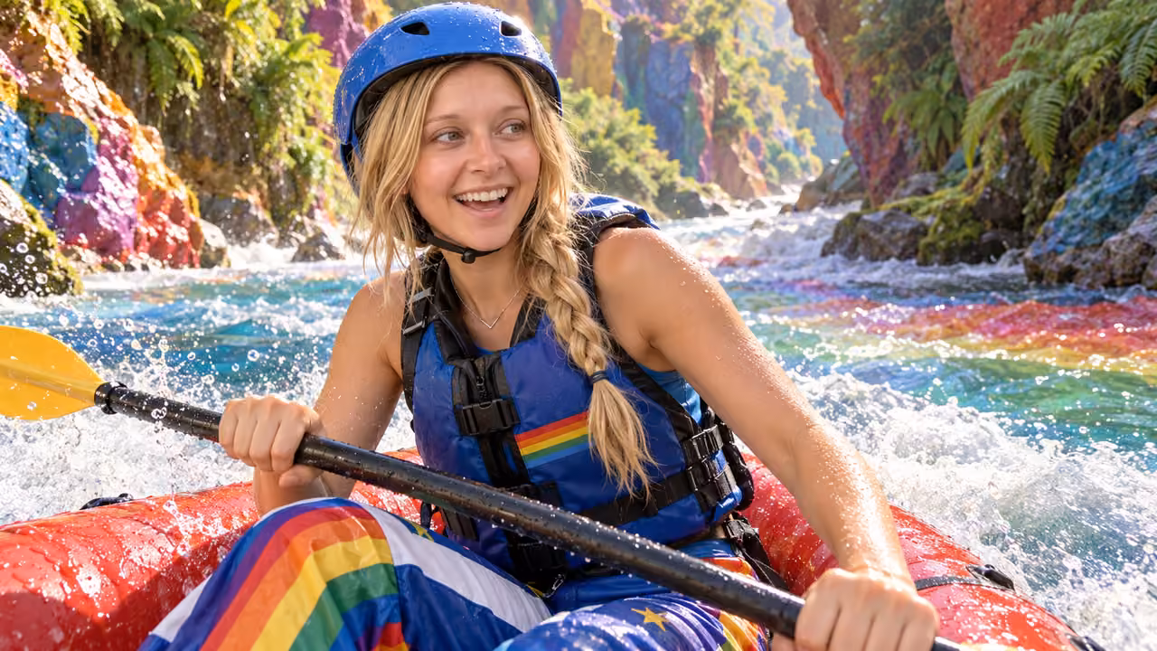 Rainbow river rafting adventure — Kristin in Rainbow Brite-inspired styling