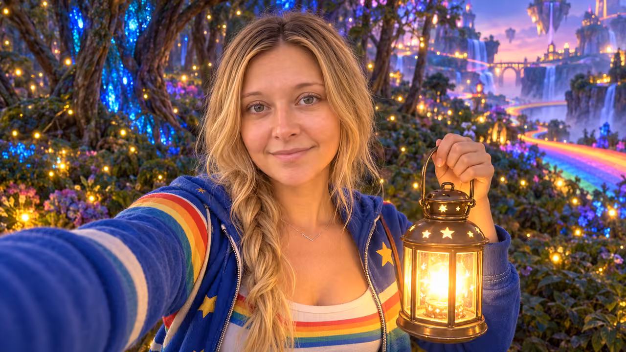 Lantern Glow in Firefly Forest — Kristin in Rainbow Brite-inspired styling