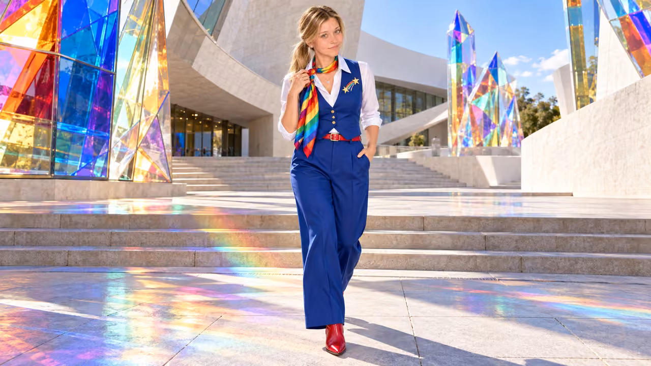 Rainbow Power Suit in a Prismatic Courtyard — Kristin in Rainbow Brite-inspired styling