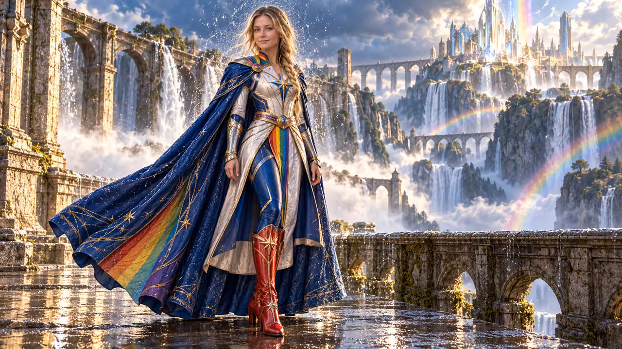 Keeper of Rain at the Ancient Aqueduct — Kristin in Rainbow Brite-inspired styling