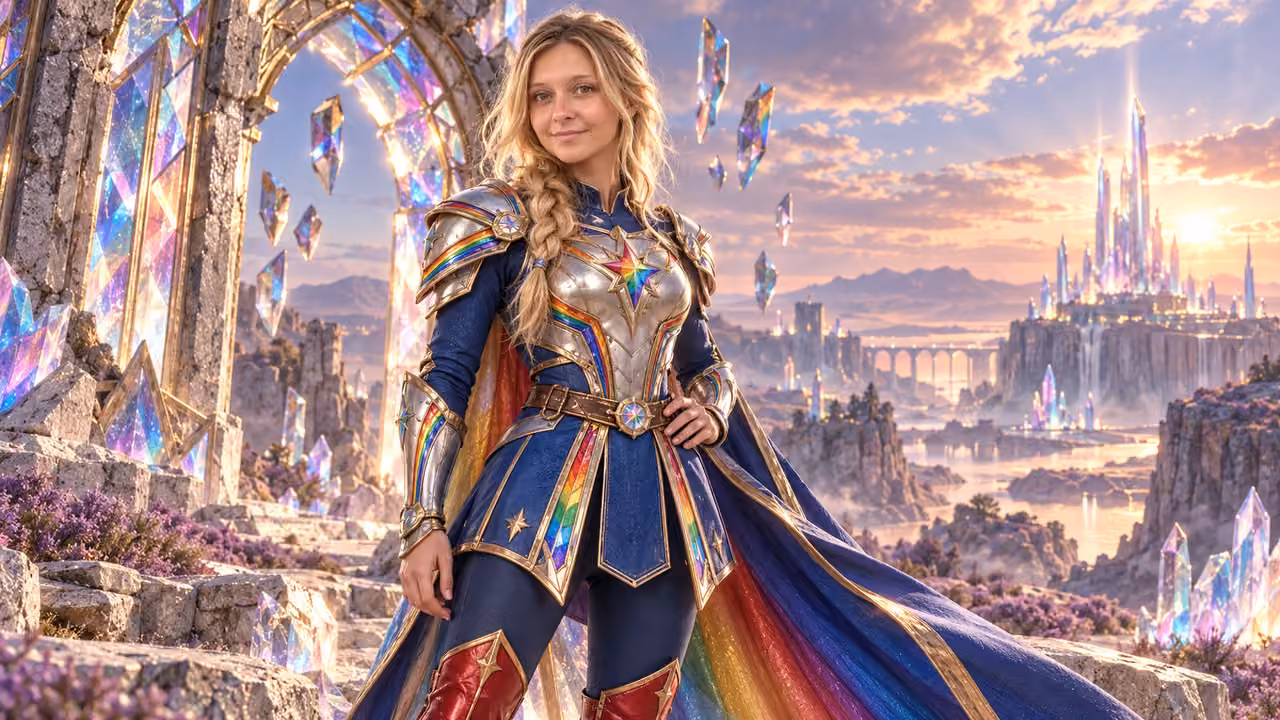 Prism Knight at the Crystal Gate — Kristin in Rainbow Brite-inspired styling