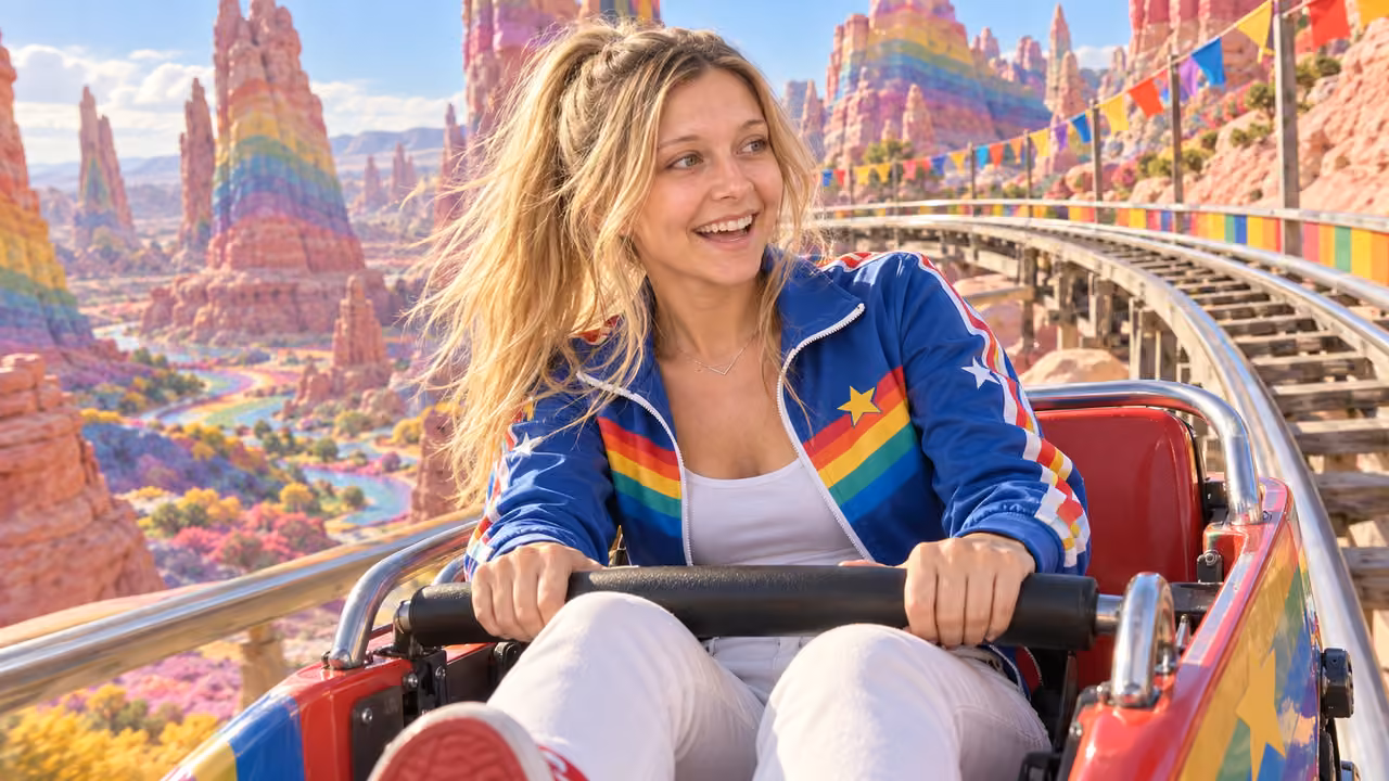 Rainbow Cloudrail Ride Through Pink Desert — Kristin in Rainbow Brite-inspired styling
