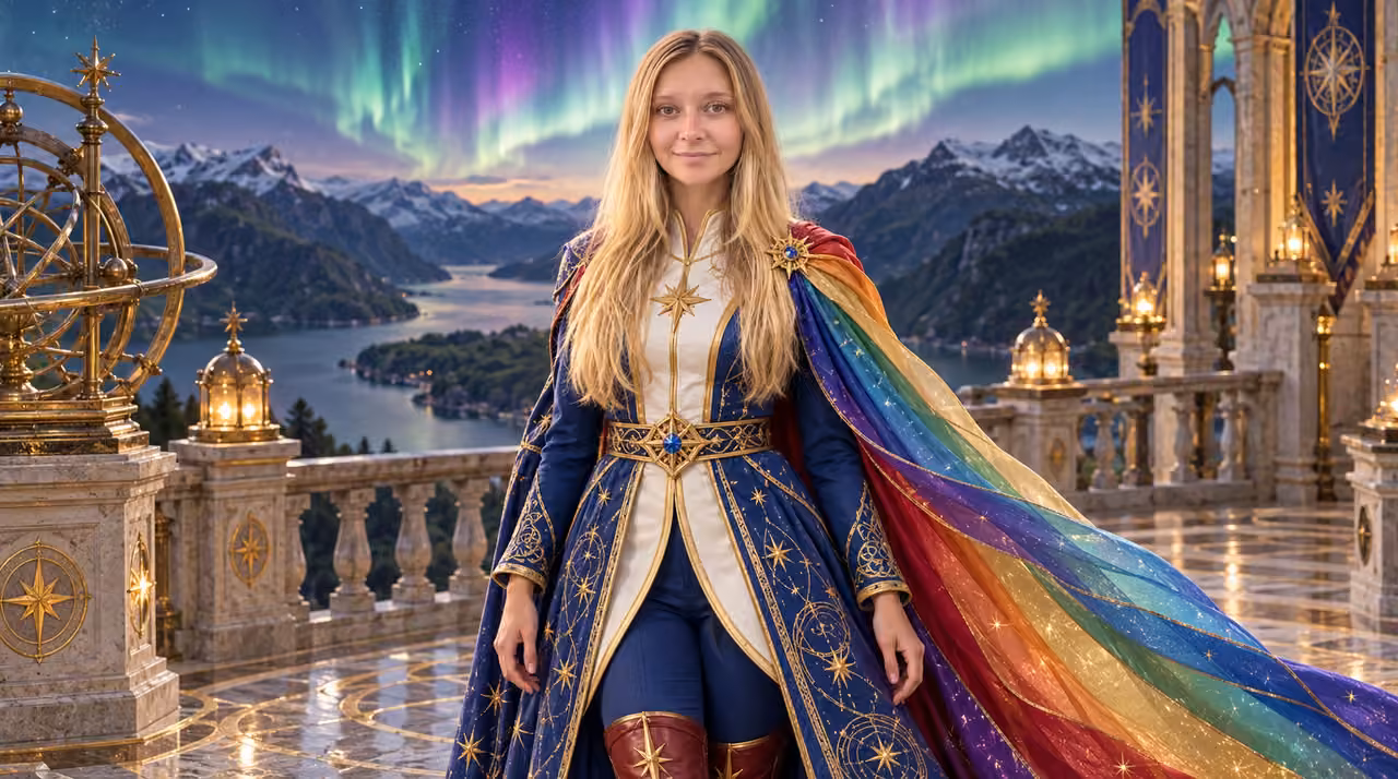 Aurora Mantle Over the Fjord — Kristin in Rainbow Brite-inspired styling