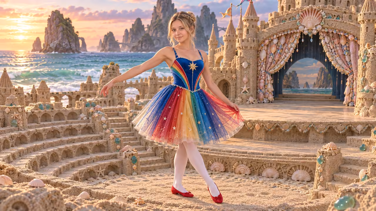 Rainbow Dancer in a Sandcastle Theatre — Kristin in Rainbow Brite-inspired styling