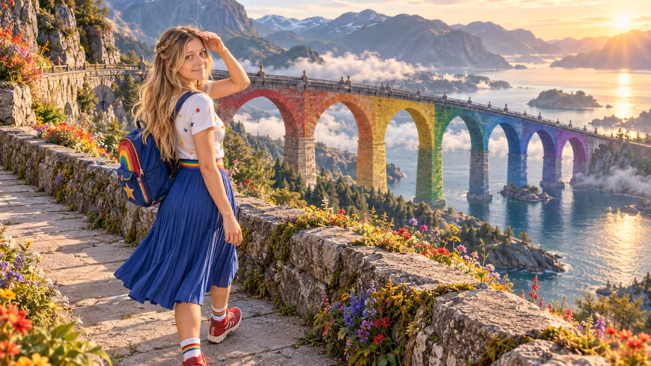 Rainbow viaduct walk at sunrise — Kristin in Rainbow Brite-inspired styling