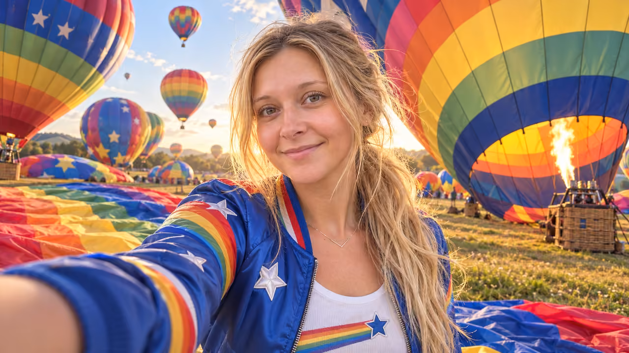 Rainbow balloon festival selfie — Kristin in Rainbow Brite-inspired styling