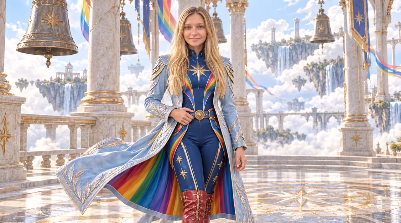 Rainbow Guardian Above the Clouds — Kristin in Rainbow Brite-inspired styling