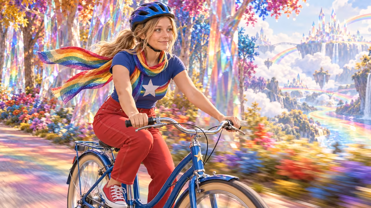 Cycling Through the Prism Forest — Kristin in Rainbow Brite-inspired styling
