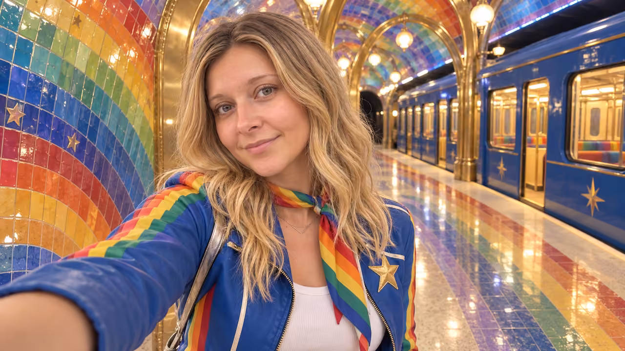 Rainbow Metro Selfie — Kristin in Rainbow Brite-inspired styling