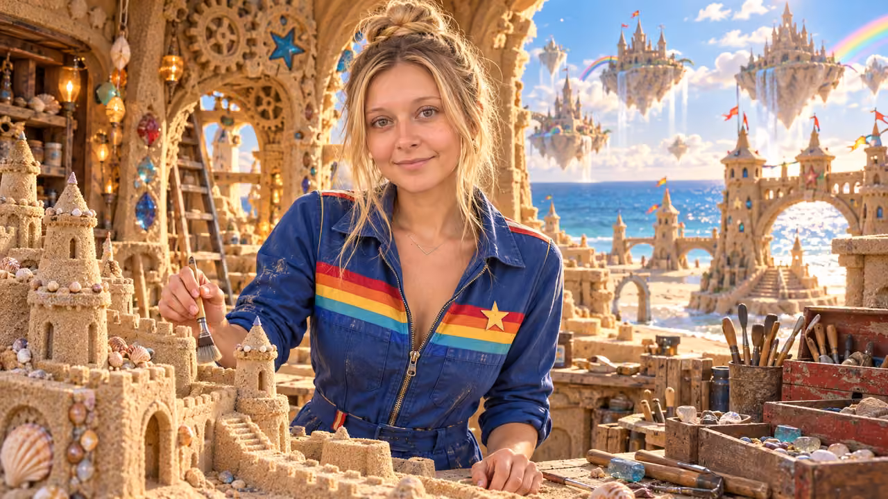 Kristin's Rainbow Sandcastle Workshop — Kristin in Rainbow Brite-inspired styling