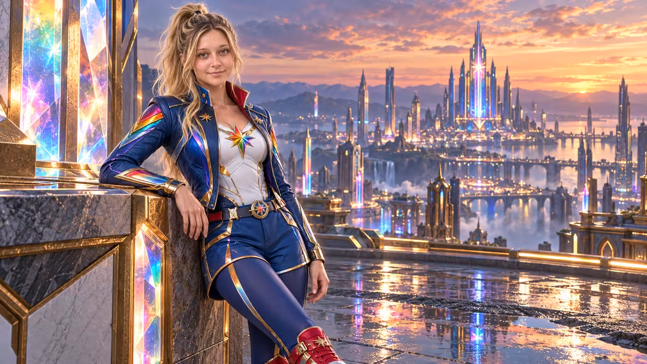Modern Immortal Above the Prismatic City — Kristin in Rainbow Brite-inspired styling
