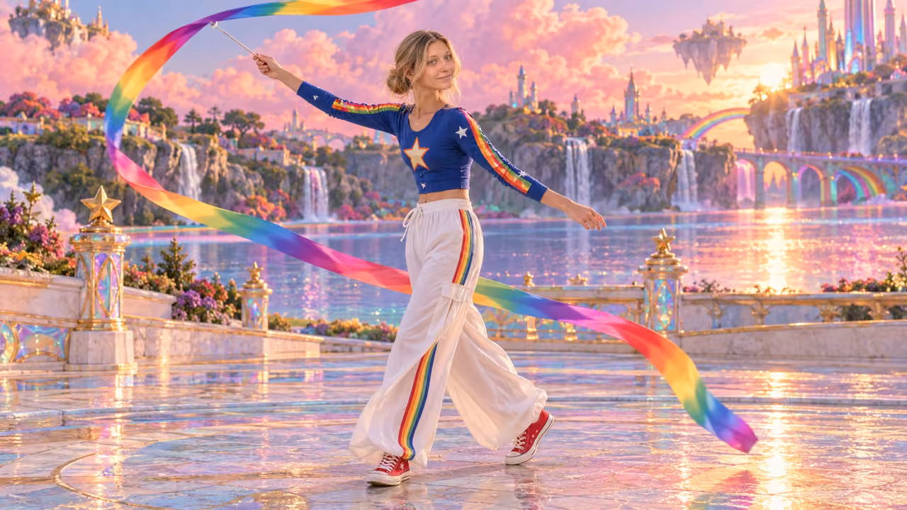 Rainbow Ribbon Dance Under Pink Clouds — Kristin in Rainbow Brite-inspired styling