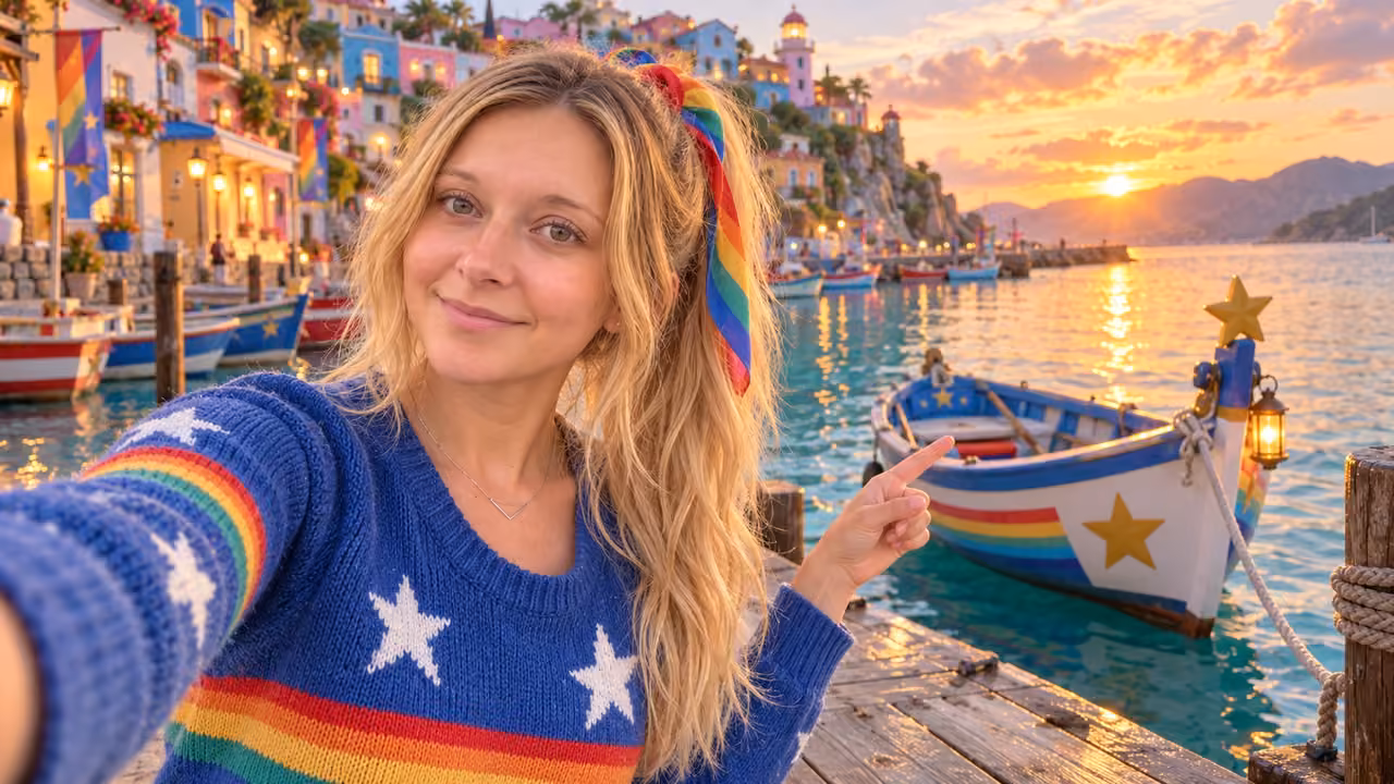 Rainbow Harbor Selfie at Sunrise — Kristin in Rainbow Brite-inspired styling