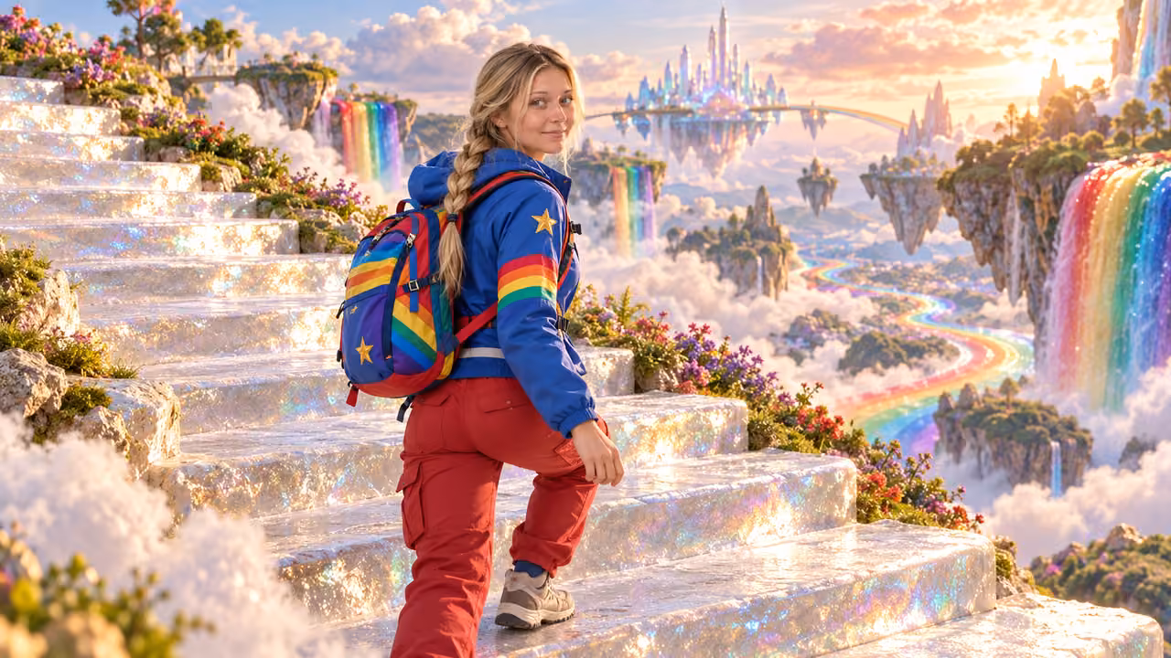 Climbing Rainbow Cloud Steps — Kristin in Rainbow Brite-inspired styling