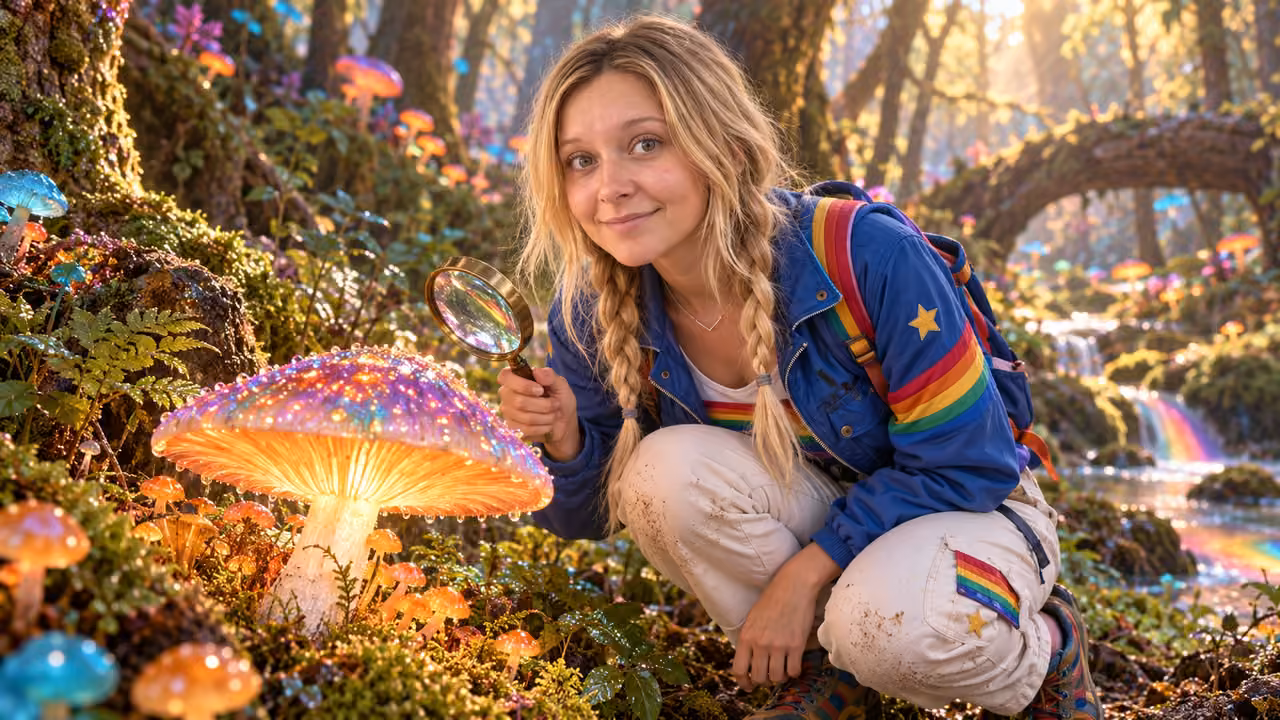 Kristin's glowing mushroom discovery — Kristin in Rainbow Brite-inspired styling