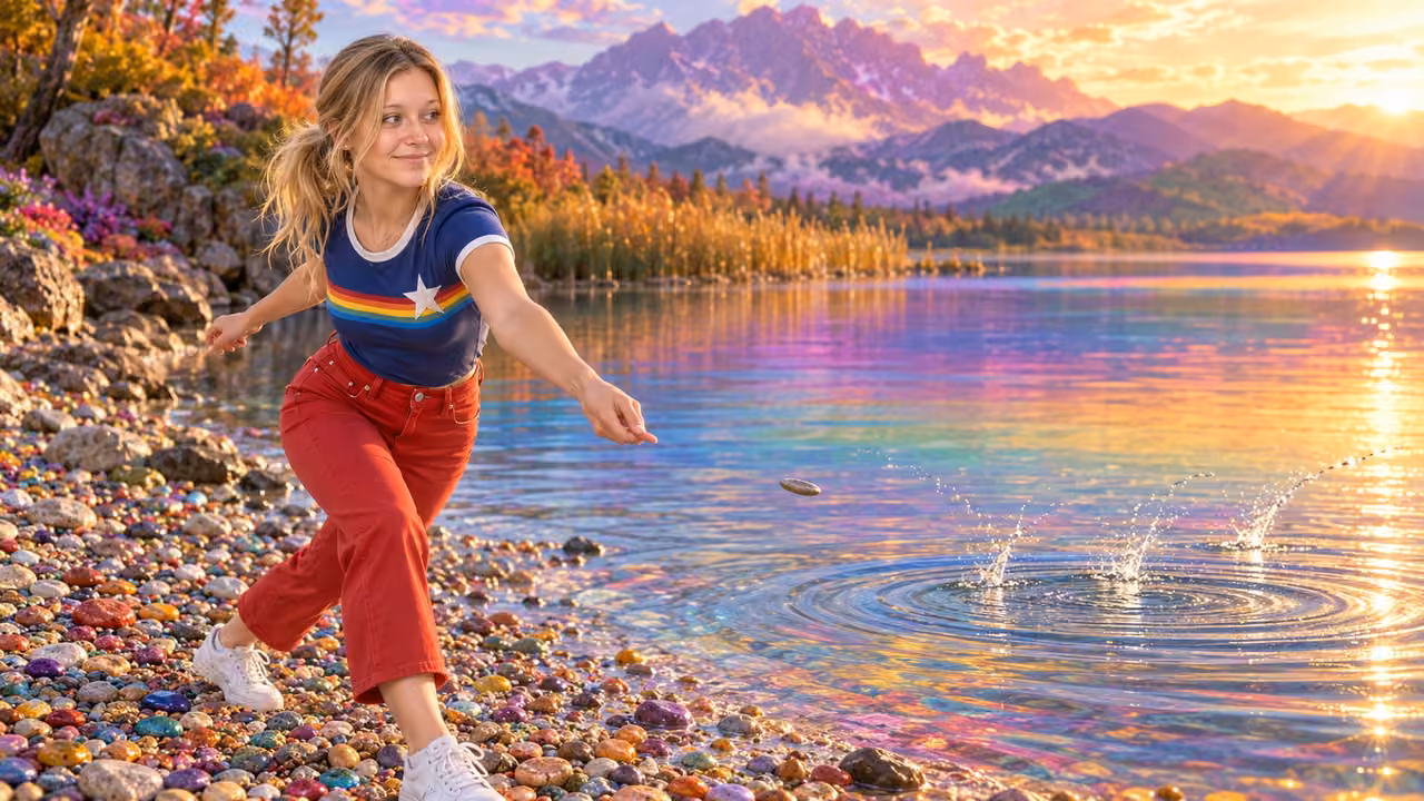 Playful Pebble Skipping at Rainbow Lake — Kristin in Rainbow Brite-inspired styling