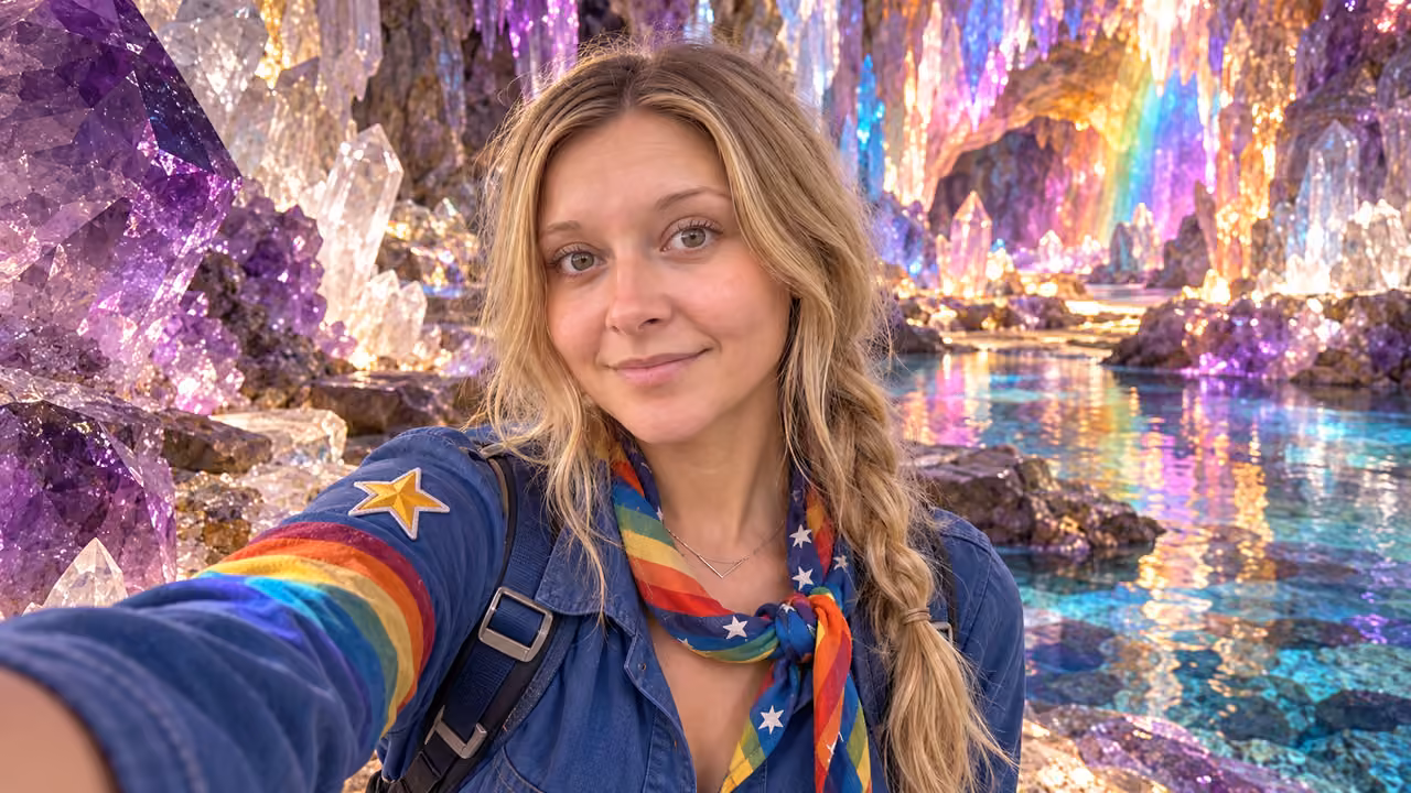 Prism cave selfie — Kristin in Rainbow Brite-inspired styling