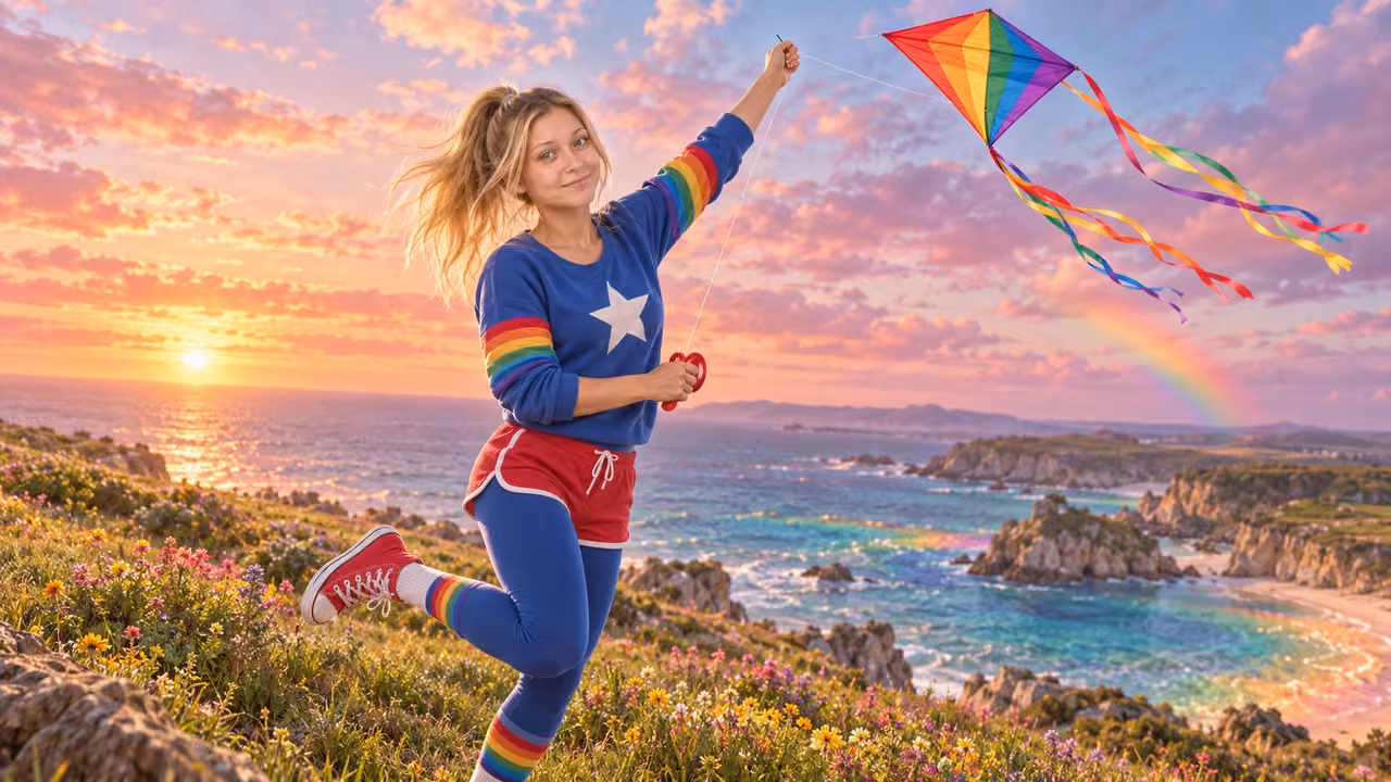 Kristin's Rainbow Kite Leap — Kristin in Rainbow Brite-inspired styling