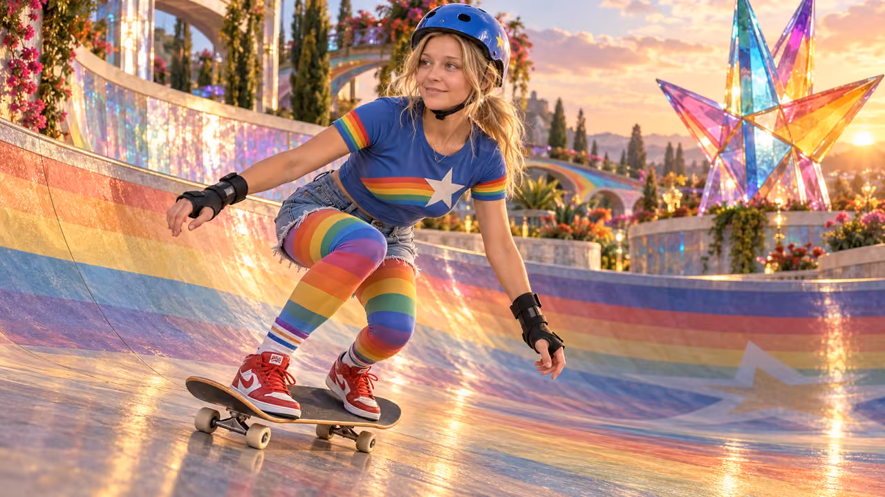Kristin’s rainbow skatepark ride — Kristin in Rainbow Brite-inspired styling