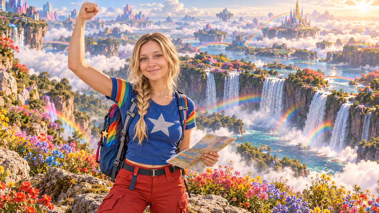 Victory at Rainbow Falls — Kristin in Rainbow Brite-inspired styling