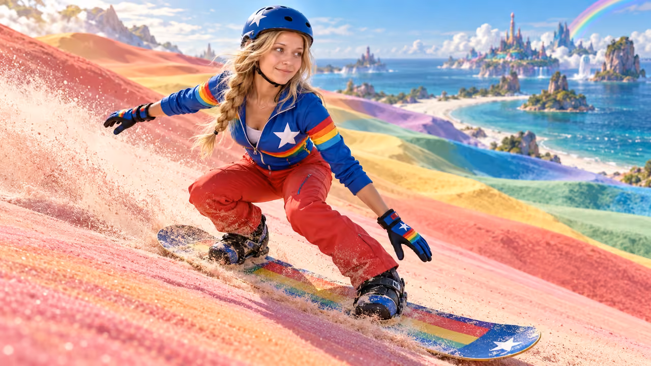 Sandboarding Across Rainbow Dunes — Kristin in Rainbow Brite-inspired styling