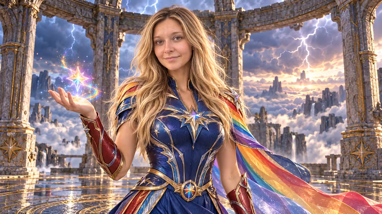 Indigo Armor Under Rainbow Lightning — Kristin in Rainbow Brite-inspired styling