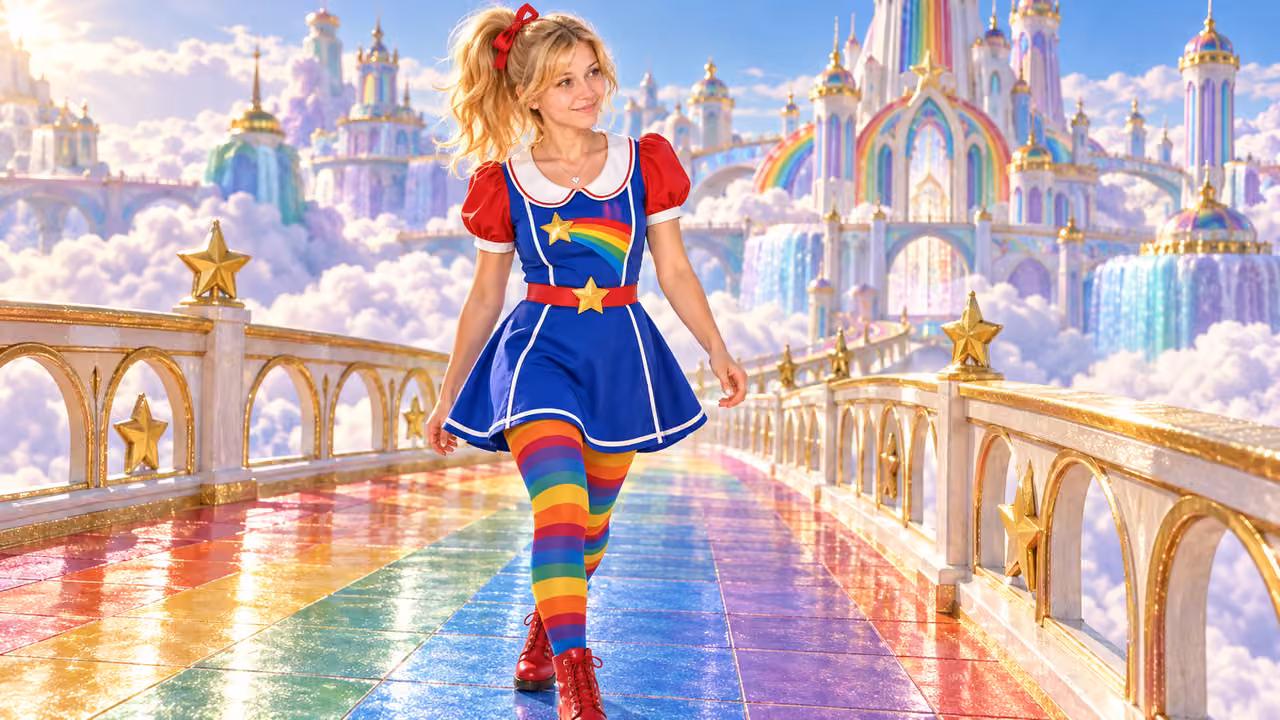 Retro Rainbow Heroine on Cloud Bridge — Kristin in Rainbow Brite-inspired styling