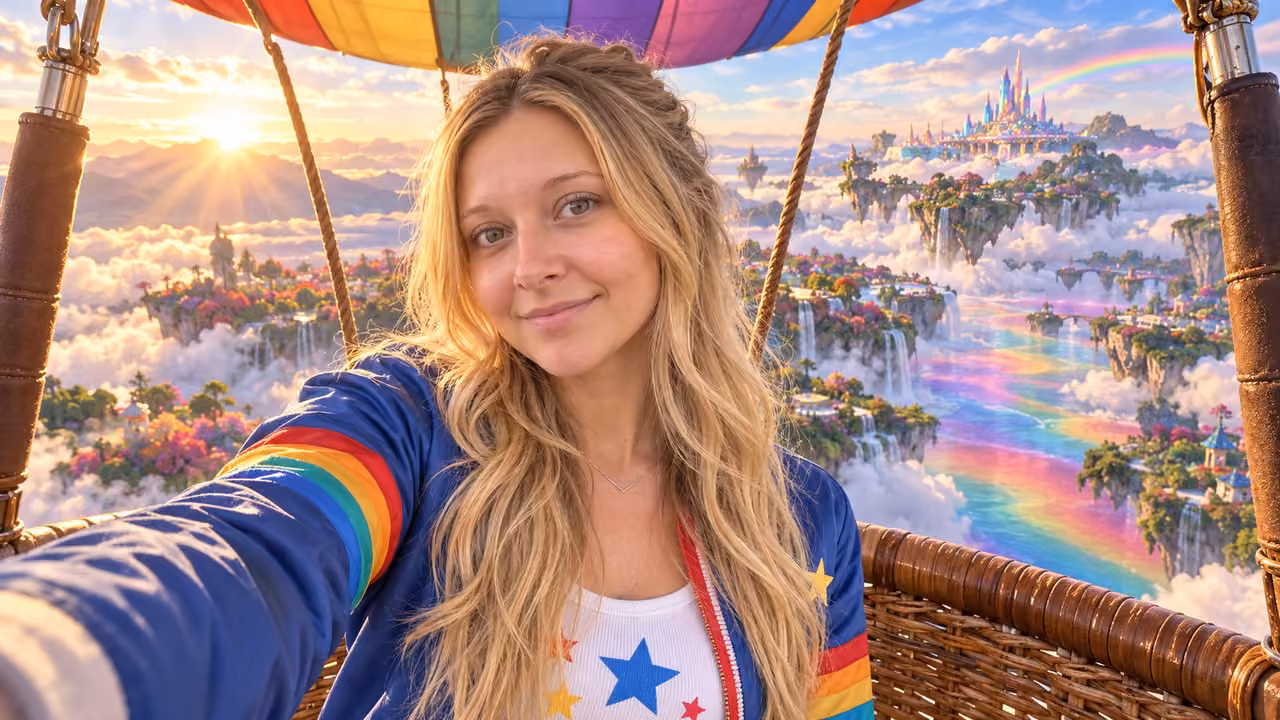Rainbow Balloon Selfie Above Floating Gardens — Kristin in Rainbow Brite-inspired styling