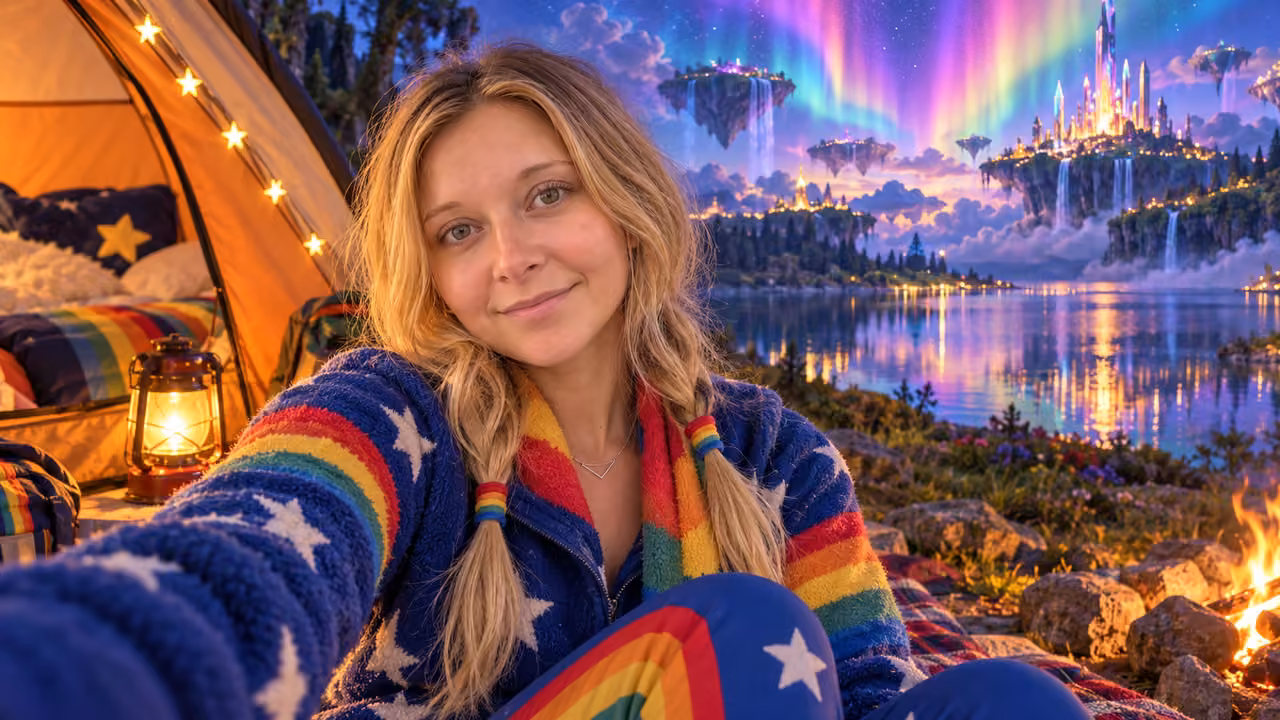 Rainbow Aurora Camp Selfie — Kristin in Rainbow Brite-inspired styling