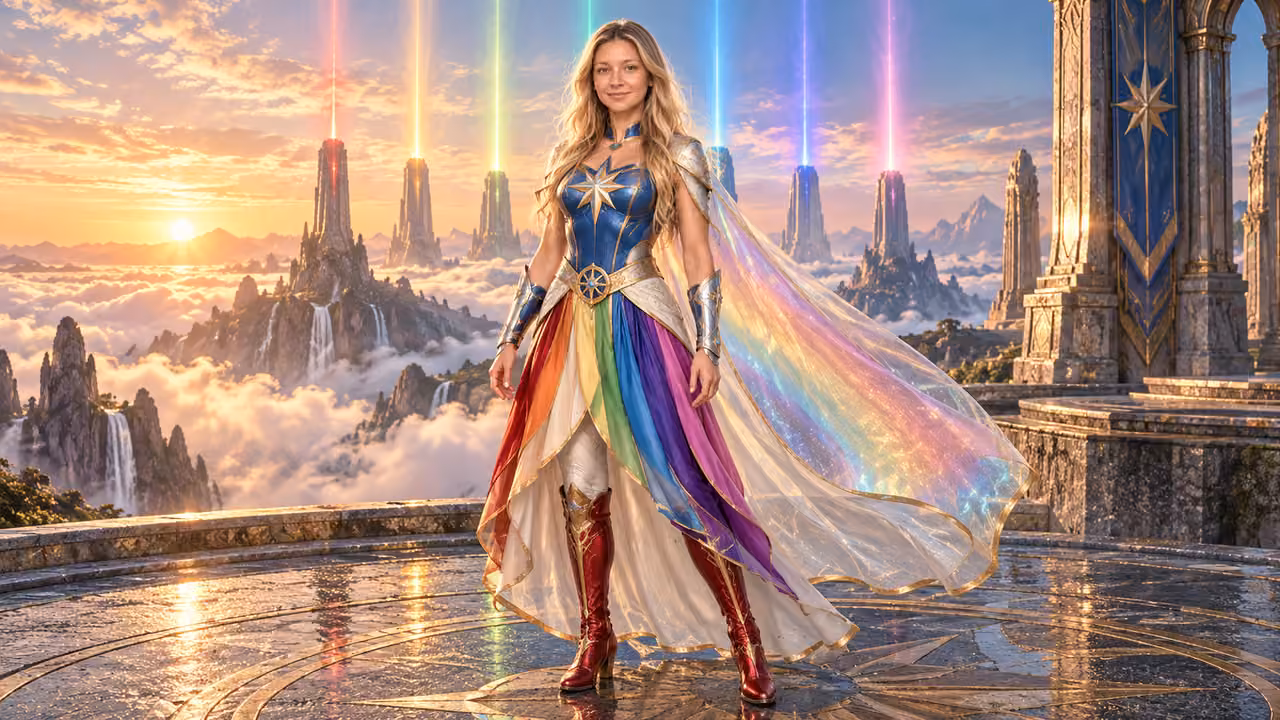 Rainbow Ascendant at First Light — Kristin in Rainbow Brite-inspired styling