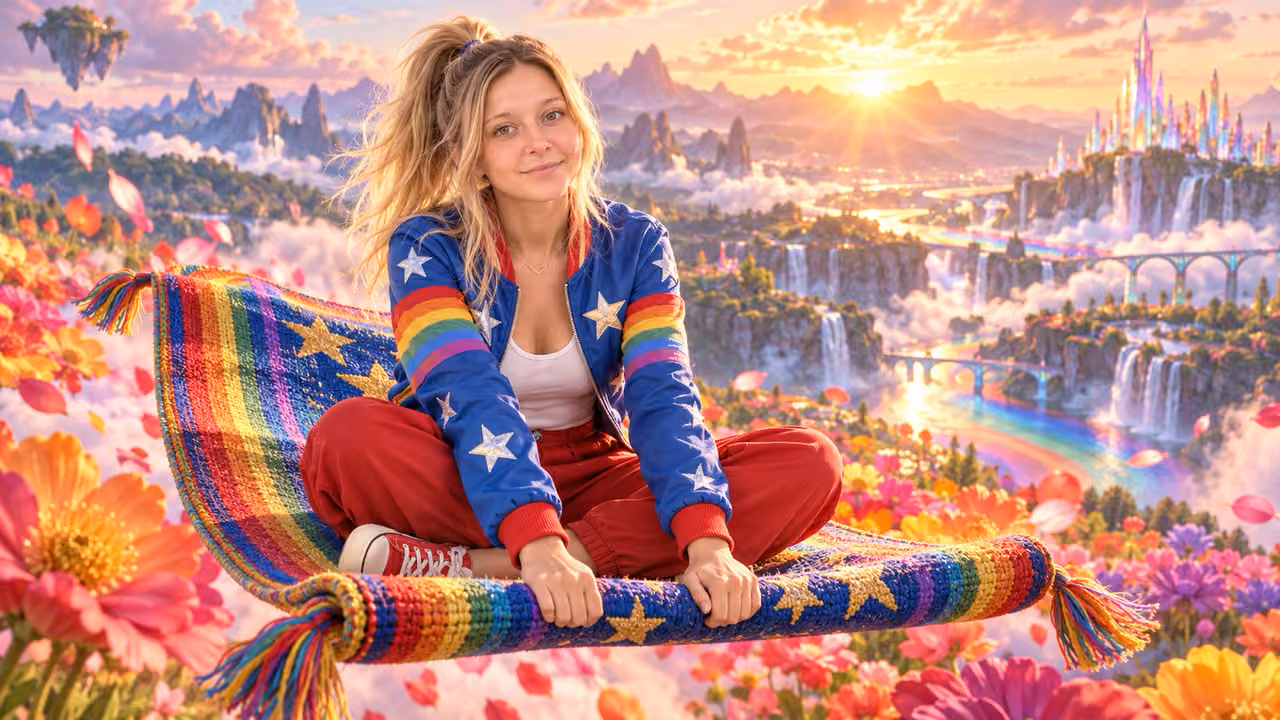 Rainbow Carpet Ride at Sunrise — Kristin in Rainbow Brite-inspired styling