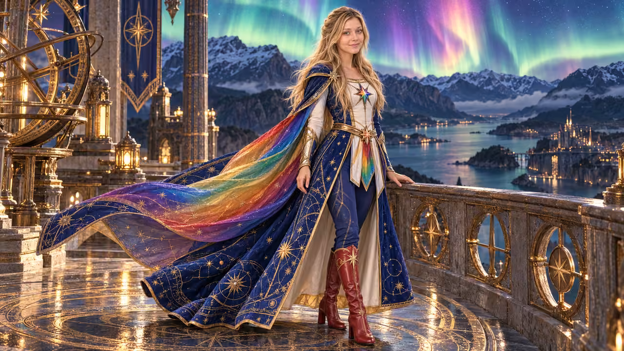 Aurora Mantle at the Fjord Observatory — Kristin in Rainbow Brite-inspired styling