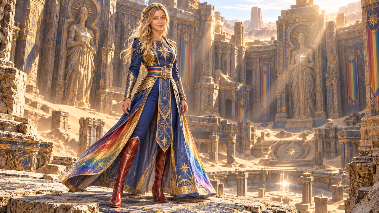 Ancient Rainbow in a Sunken Temple — Kristin in Rainbow Brite-inspired styling