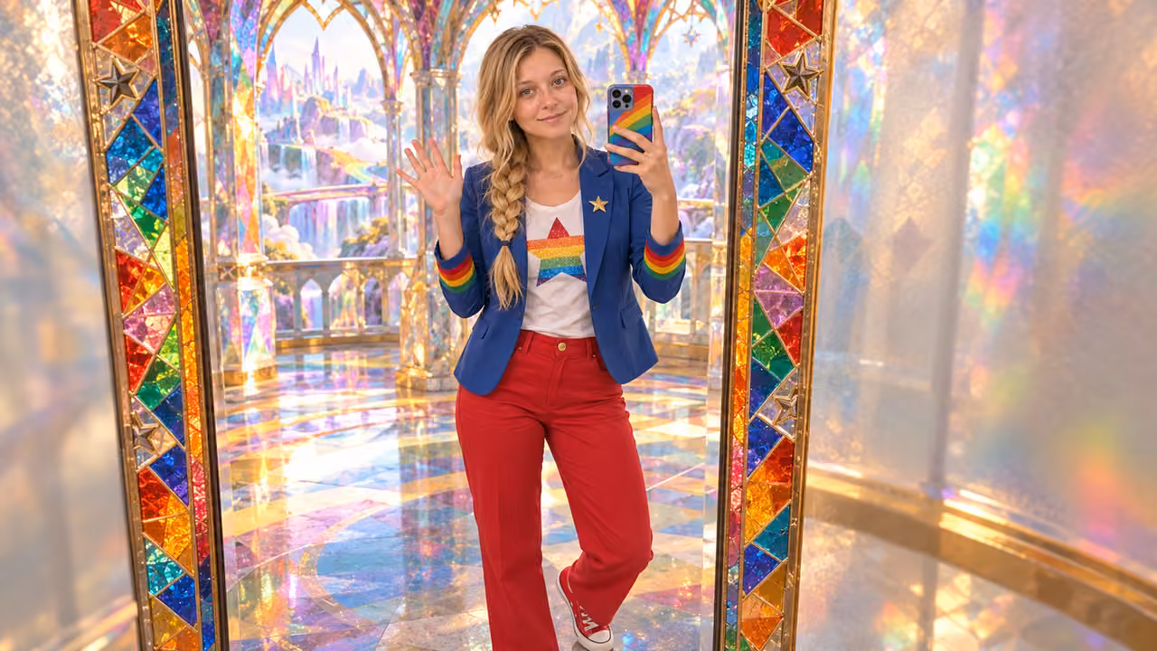 Rainbow mirror selfie in prism pavilion — Kristin in Rainbow Brite-inspired styling