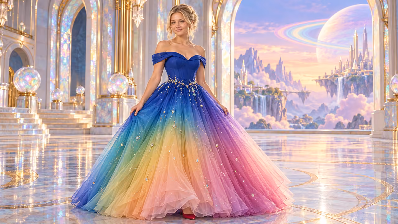 Opal Ballgown in Rainbow Light — Kristin in Rainbow Brite-inspired styling