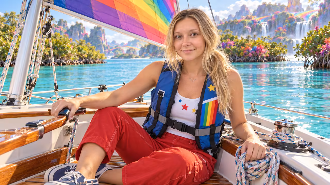 Kristin sails the Rainbow Lagoon — Kristin in Rainbow Brite-inspired styling