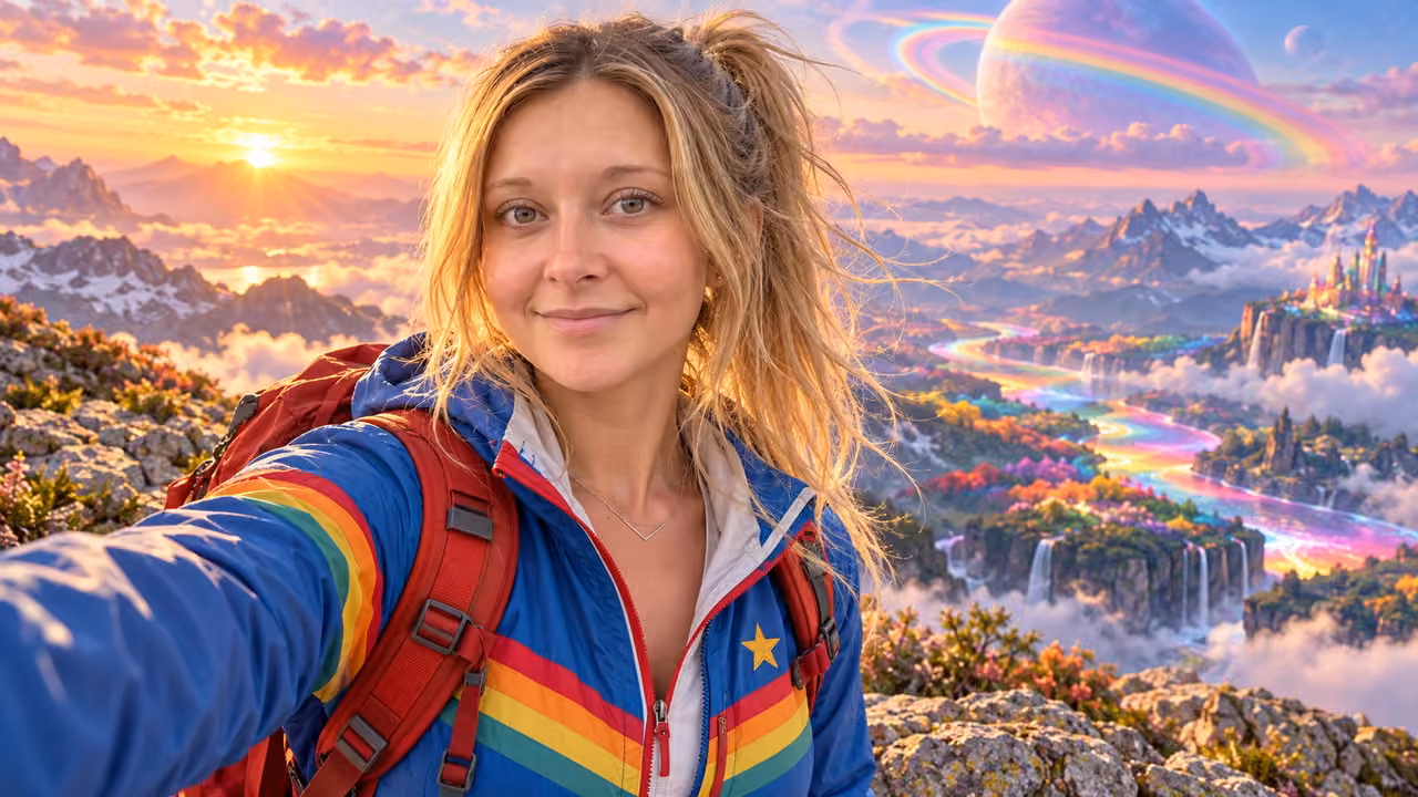 Windblown summit selfie over Rainbow Land — Kristin in Rainbow Brite-inspired styling