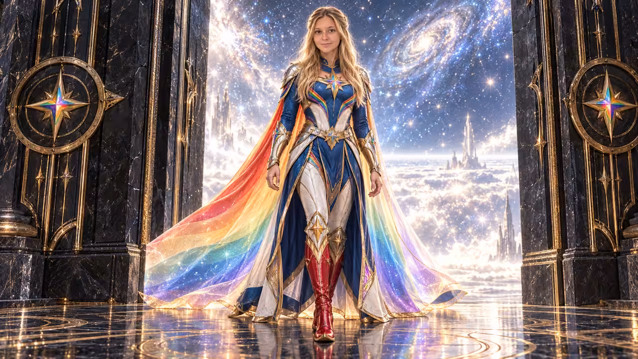 Rainbow Brite at the star threshold — Kristin in Rainbow Brite-inspired styling