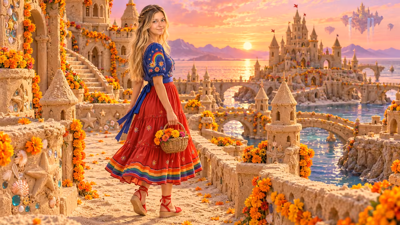 Marigold Tide Sandcastle Stroll — Kristin in Rainbow Brite-inspired styling