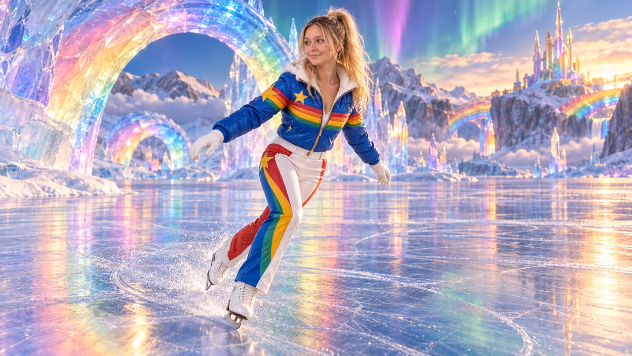 Rainbow ice glide beneath the aurora — Kristin in Rainbow Brite-inspired styling