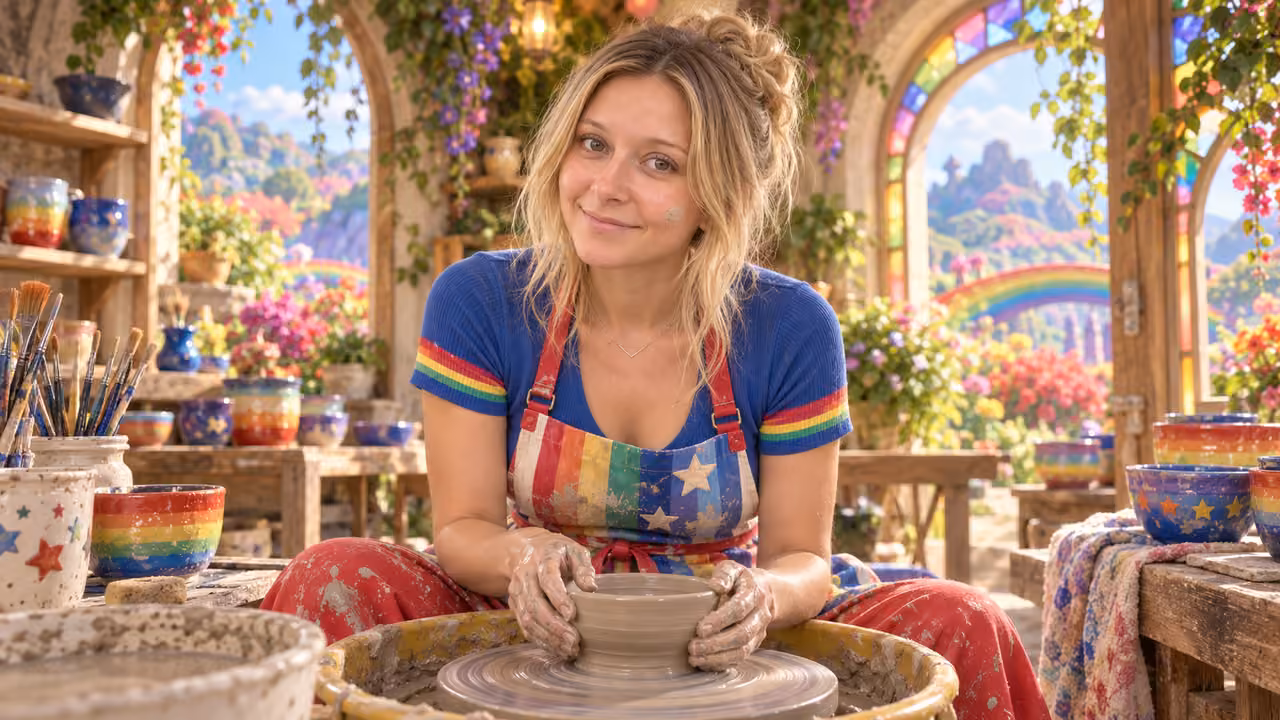 Clay-smudged rainbow pottery portrait — Kristin in Rainbow Brite-inspired styling