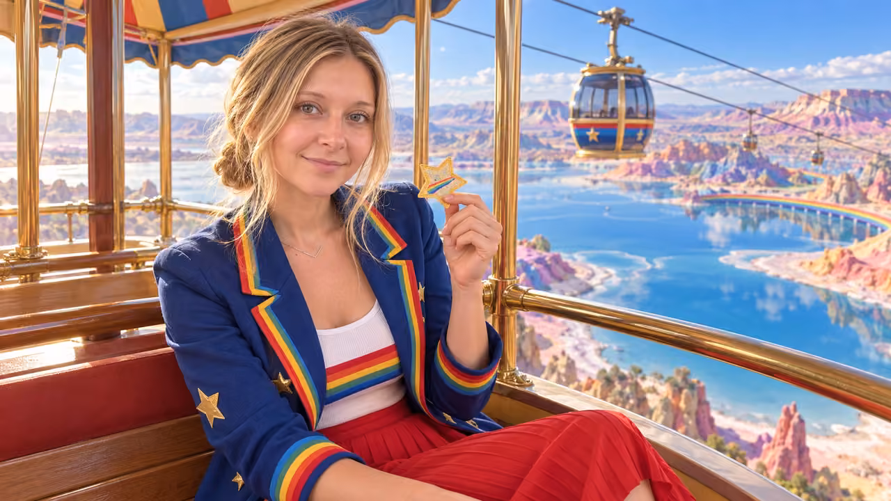 Star Ticket on the Sky Tram — Kristin in Rainbow Brite-inspired styling